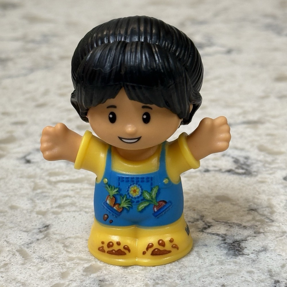 Fisher Price Little People Farmer Girl Woman Black Hair Bun Blue Overalls 2023